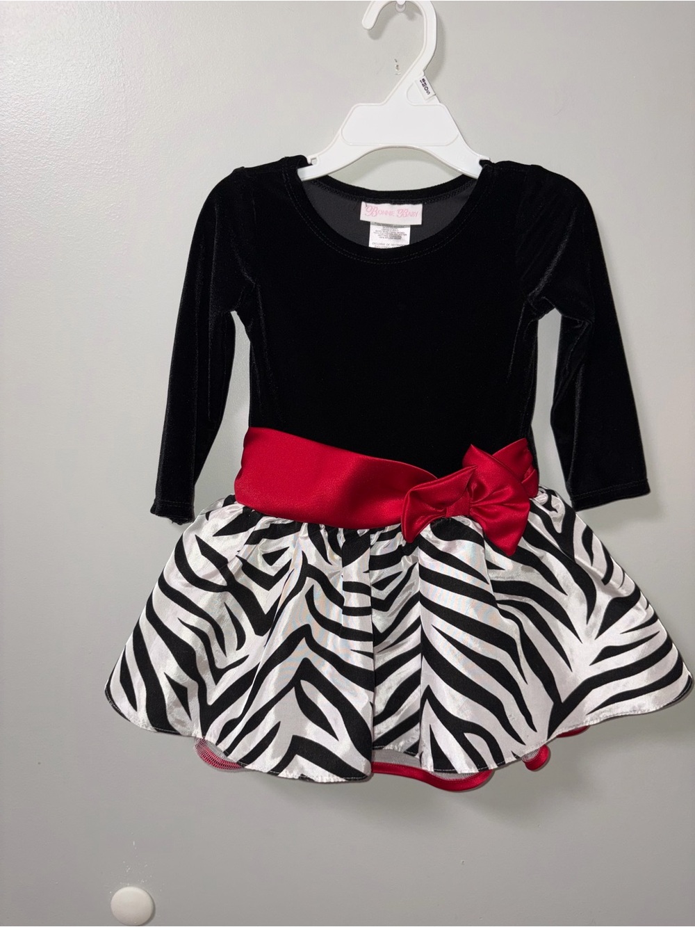 Bonnie Baby Zebra Print Velvet Bodice Red Satin Bow Holiday Christmas Dress 18M